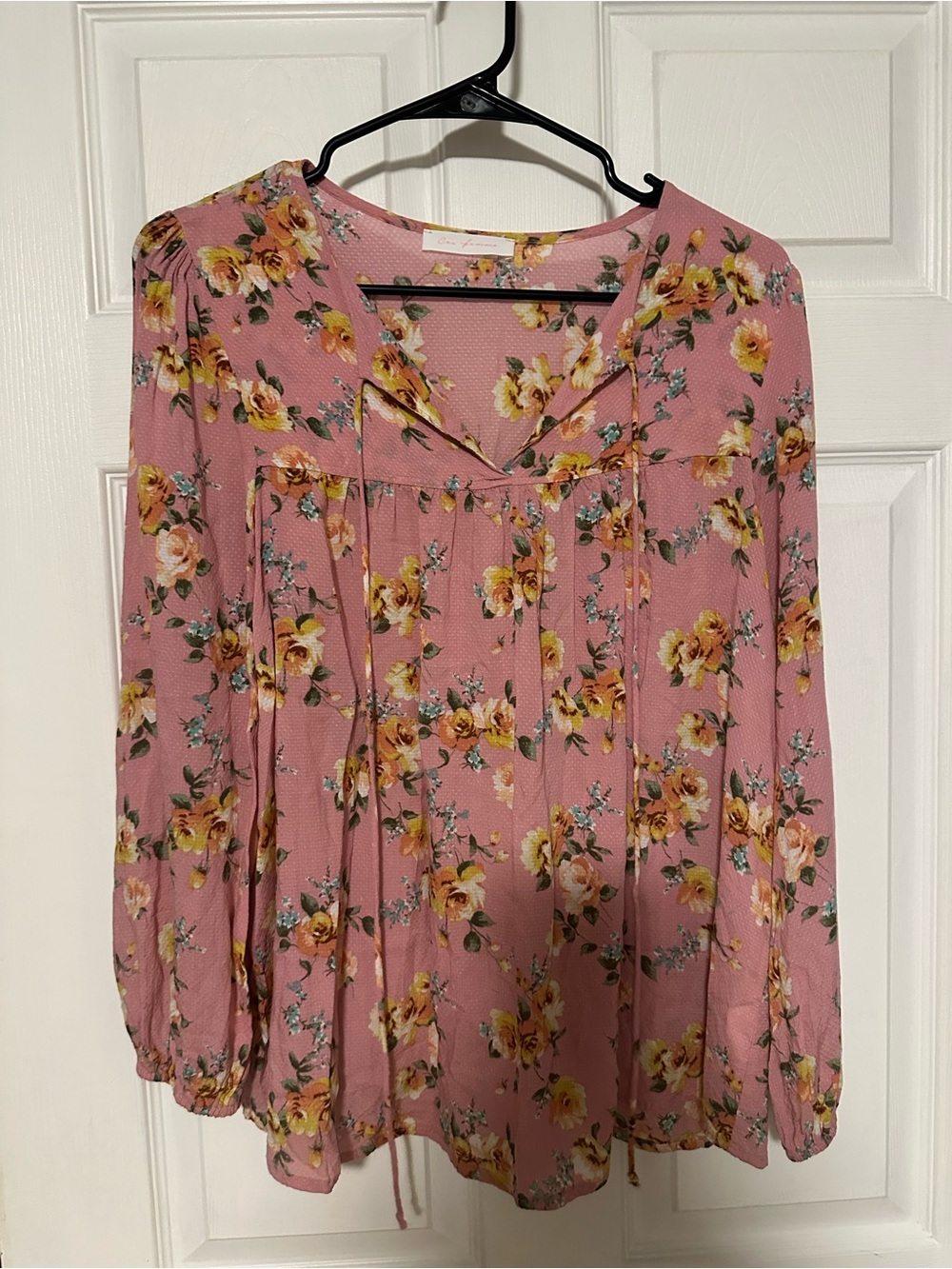 Ces Femme Pink Floral Peasant Blouse with Yellow Rose Print